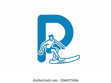 Man surfing line art illustration with P initial letter design