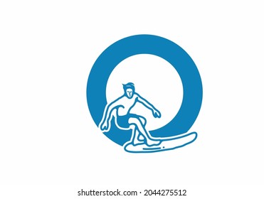 Man surfing line art illustration with O initial letter design