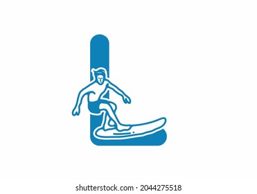 Man surfing line art illustration with L initial letter design