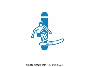 Man surfing line art illustration with I initial letter design