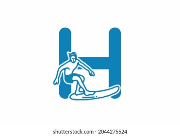 Man surfing line art illustration with H initial letter design