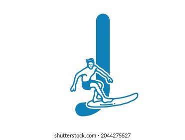 Man surfing line art illustration with J initial letter design