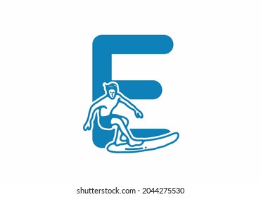 Man surfing line art illustration with E initial letter design
