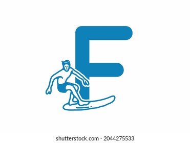 Man surfing line art illustration with F initial letter design