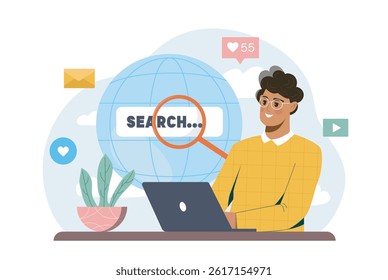 Man surfing the net. Young guy with laptop searching information on internet. User watch post in social networks or checking electronic mail. Flat vector illustration