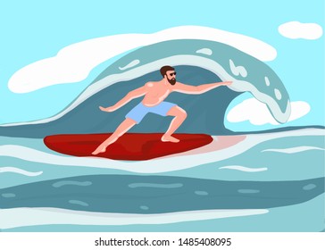 Man surfing in the ocean. Vector illustration.