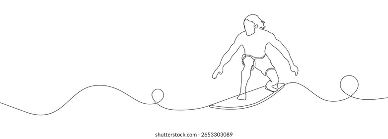 Mann surfen Ozeanwelle in kontinuierlicher Linie Stil. Minimalistisches Sommersportkonzept. Vektorgrafik