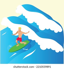 Man surfing on the big sea or ocean wave 3d isometric vector illustration concept for banner, website, landing page, ads, flyer template