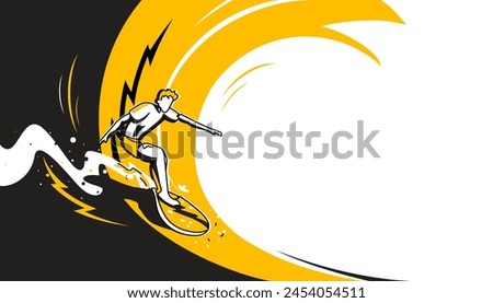 A man surfing on big wave. Vector illustration of trendy doodle art and abstract cartoon character