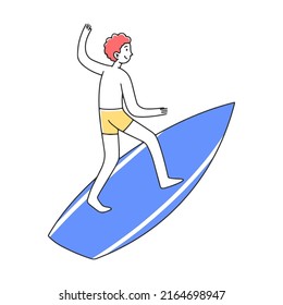 Man surfing on a board flat vector illustration. Happy cartoon characters in swimwear playing, surfing, diving. Summer, vacation and activity concept