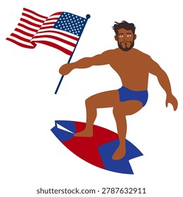 man surfing on red surfboard holding American flag wave