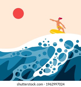 A man surfing on the sea surface, A man in extreme sport on the sea.