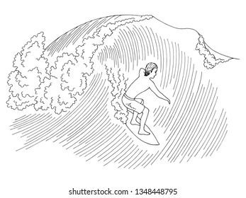 Man surfing on a sea wave graphic black white sketch illustration vector