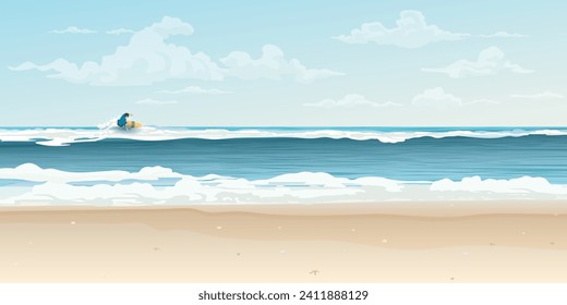 Man surfing on the sea wave flat design vector illustration have blank space. Travelling to Caribbean sea concept.