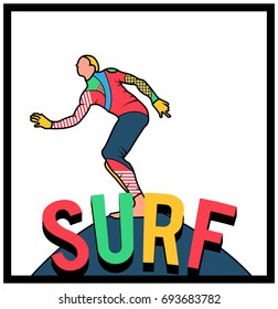 Man surfing on Surf Board color vector pop art style, for printing & t-shirt design