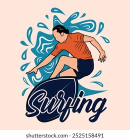 A man surfing on a wave in the ocean. Surfer vector illustration design for t shirt print .