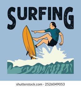 A man surfing on a wave in the ocean. Surfer vector illustration for poster, t shirt etc print