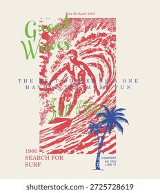 Um homem surfando em uma onda no oceano. Ilustração de vetor surfista para cartaz, camiseta etc imprimir