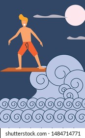 A man surfing on wave with traditional surf board character vector illustration flat design template, surfer surf in the sea poster banner