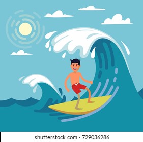 Man surfing on wave. Vector illustartion on flat stile
