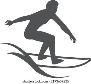 Man surfing on waves. Summer activity black logo