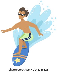 Man is surfing in summer, isolated vector from background.