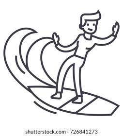 man surfing vector line icon, sign, illustration on background, editable strokes