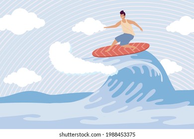 Man Surfing In Wave With Red Surfboard