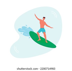 A man surfing in wave with yellow surfboard. Active summer sport and leisure outdoor activity at beach. Smiling Male Surfer Character Riding Waves, Recreational Water Sport, Man enjoying holiday.