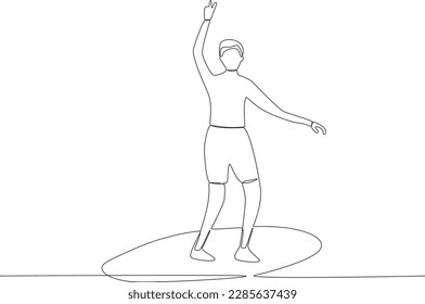 A man surfing while holding up two fingers. Surfing one-line drawing