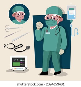 man surgeon cute 2d character ready for animation complete with job tools