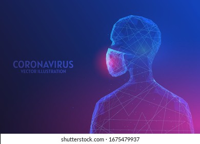 Man in surgical face mask. Protection against infection with the Chinese coronavirus COVID-19 virus infection. Pandemic and epidemic of atypical pneumonia. Low poly wireframe isolated vector illustrat