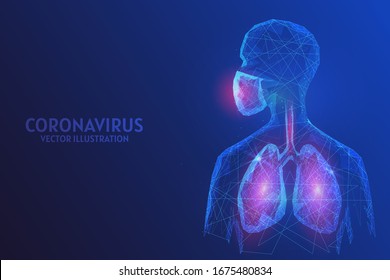 Man in surgical face mask. Protection against infection with the Chinese coronavirus COVID-19 virus infection. Pandemic and epidemic of atypical pneumonia. Low poly wireframe isolated vector illustrat