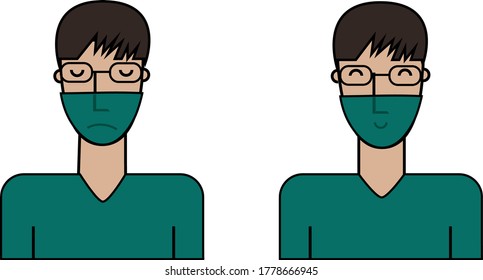 Man in a surgical gown and a medical mask on a white background
