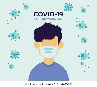 Man with a surgical mask is among bacteria, influenza, flu, infectious disease. Epidemic, flu protection, avoiding virus.Vector illustration in flat style.