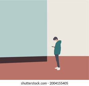 Man with a surgical mask on smart phone in city trendy flat design with simple style. The topic of coronavirus, flu and cold.