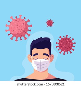 man with surgical mask, protection against coronavirus in public place vector illustration design