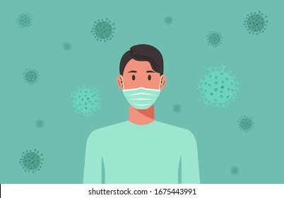 hombre con máscara facial quirúrgica o médica para proteger de la propagación de virus, prevención de la gripe, concepto de cuarentena del coronavirus, caricatura ilustración vectorial plana