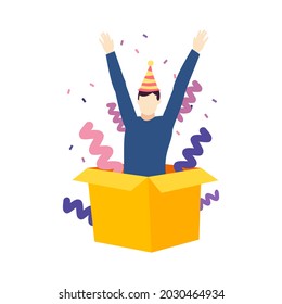 Man Surprise Coming Out Of The Box People Character Vector Illustration Flat Design