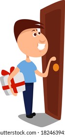 Man with surprise gift, illustration, vector on white background