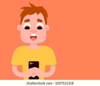 Man surprised after reading the message on mobile phone. Flat design. Vector illustration