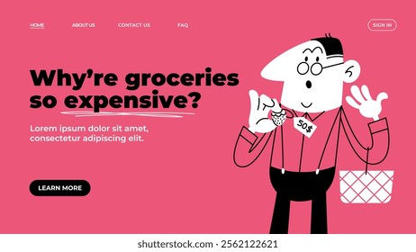 A man with a surprised face looks at the huge price of food holding a shopping basket. Rising inflation. The economic crisis. Template of web banner and landing page. Doodle vector illustration.