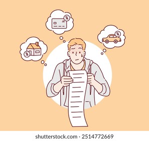 A man is surprised as he looks at the long receipt. Financial crash and bankrupt concept. Hand drawn style vector design illustrations.