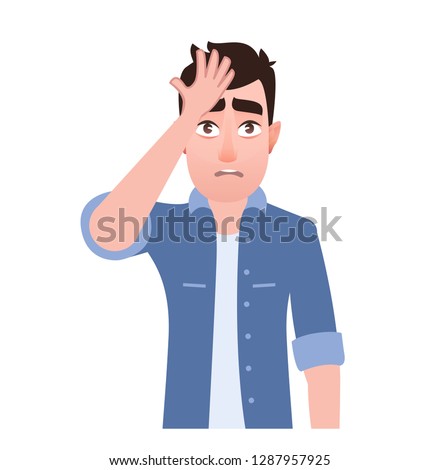 Man surprised head for mistake, remember error. Bad memory, forgot. Isolated character. Emotion and body gestures language illustration in cartoon style  - Vector