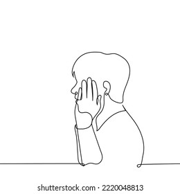 man surprised putting his hand to his cheek - one line drawing vector. concept surprise, shock, admiration