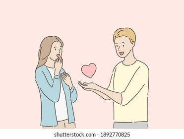 ํYoung man surprises his girlfriend by giving a heart. Valentine's day concept. Hand draw style. Vector illustration.