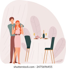 Man surprises woman covering her eyes romantic dinner date. Couple celebrates special occasion surprise meal. Elegance, love, romance, celebration dining concept illustration