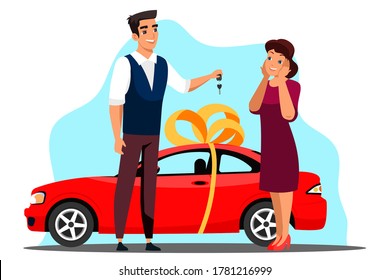 Man Surprises woman and gives gift, scene. Man gives present, car keys to woman. Auto with ribbon and bows. Surprised woman raised her palms to face, waiting for gift with exciting feelings. Vector character illustration