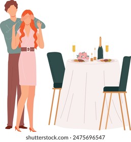 Man surprising woman covering eyes romantic, couple celebrating special occasion restaurant. Man standing woman red hair surprise, table flowers champagne elegant meal. Romance date