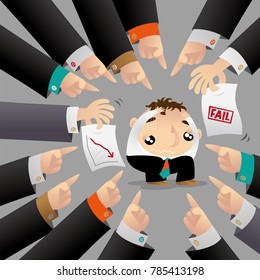 A man is surrounded and blamed by a group of his colleagues because of his poor performance